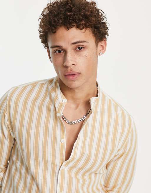ASOS DESIGN – Beige linneskjorta i normal passform med murarkrage och ränder, 4 av 4