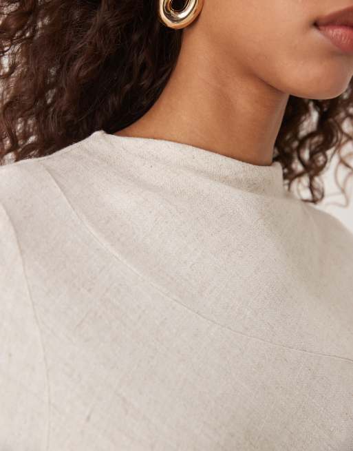 ASOS DESIGN – Beige maxiklänning i linnetyg med hög ringning och dekorativ söm, 4 av 4