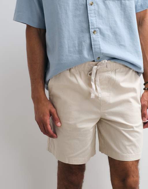ASOS DESIGN – Beige, medellånga shorts i linnemix med vida ben, 4 av 5