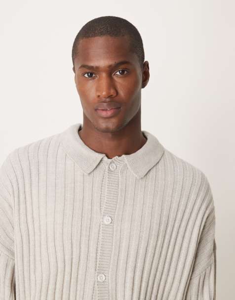 ASOS DESIGN – Beige, melerad, ribbad kofta i oversize med krage - view 1