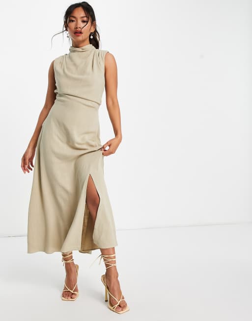 ASOS DESIGN - Beige midikjole i hør uden ærmer med vandfaldsudskæring og åben ryg