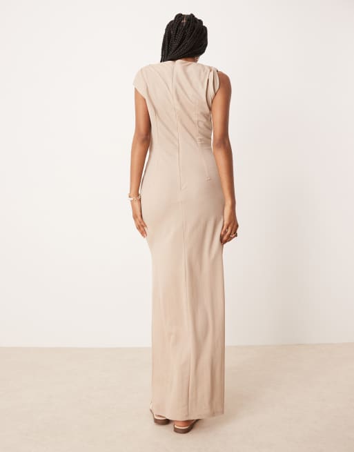ASOS DESIGN - Beige midikjole med drapering og snoet skulder i hørlook, 3 af 4