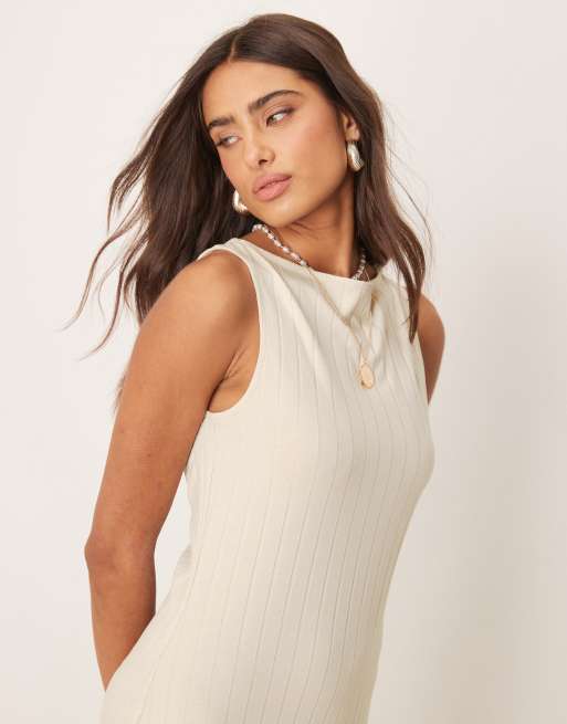 ASOS DESIGN - Beige midikjole uden ærmer med bådudskæring i bred ribstrik, 3 af 4