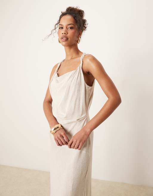 ASOS DESIGN – Beige midiklänning i linne med rysch och snurrat axelband, 3 av 4