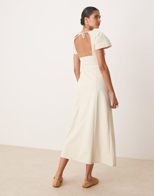 ASOS DESIGN – Beige midiklänning med utsvängda ärmar och öppen rygg, 3 av 4