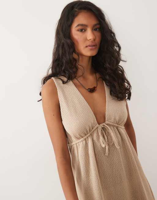 ASOS DESIGN - Beige minikjole med rynker og bindebånd foran i tekstureret jersey, 2 af 4