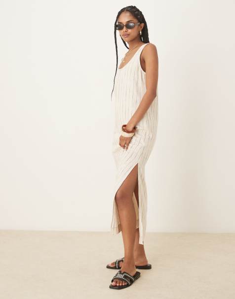 ASOS DESIGN – Beige, mönstrad midiklänning med djup halsringning i linnemix - view 1