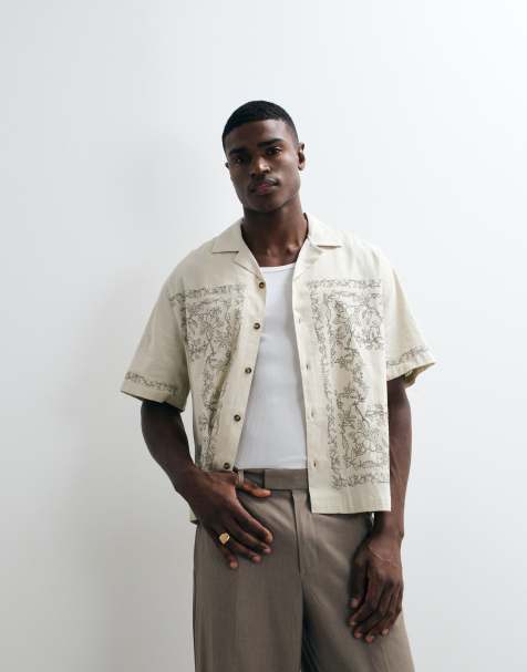ASOS DESIGN – Beige, mönstrad skjorta i boxig, oversized fit - view 1
