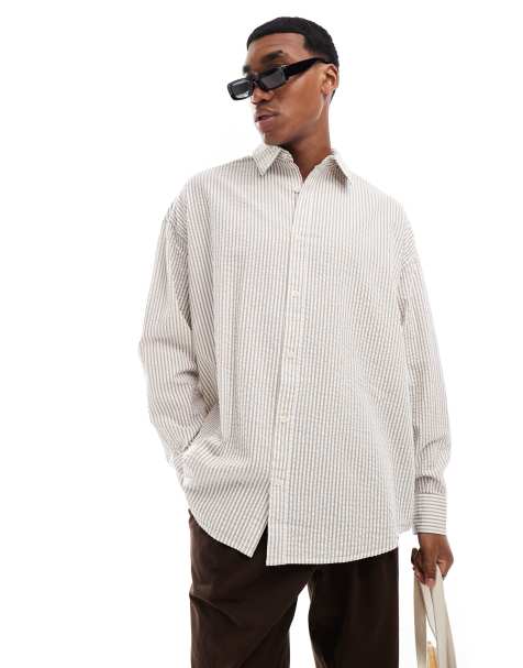 ASOS DESIGN – Beige och brunrandig overshirt i bäckebölja med volym - view 1