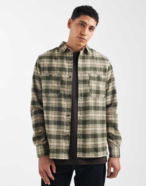 ASOS DESIGN – Beige- och grönrutig skjorta i borstad finish med märke - view 1