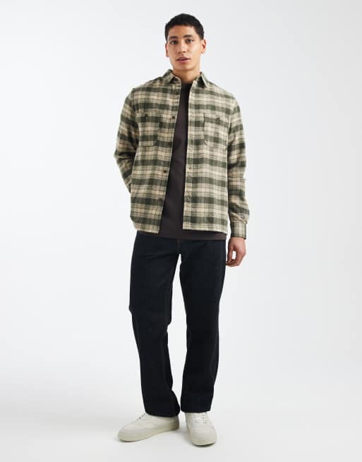 ASOS DESIGN – Beige- och grönrutig skjorta i borstad finish med märke, 2 av 5
