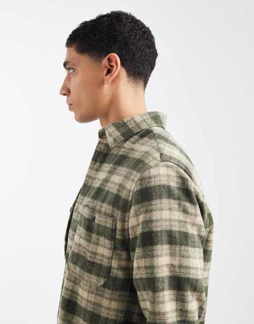 ASOS DESIGN – Beige- och grönrutig skjorta i borstad finish med märke, 4 av 5