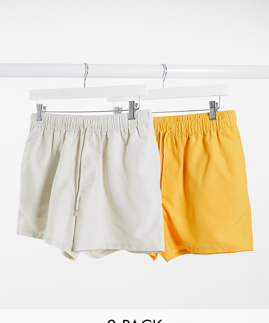 ASOS DESIGN – Beige och gula, korta badshorts i 2-pack, spara-Flerfärgad