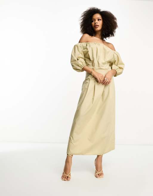 FhyzicsShops DESIGN - Beige offshoulder-maxikjole med korset-talje i bomuld