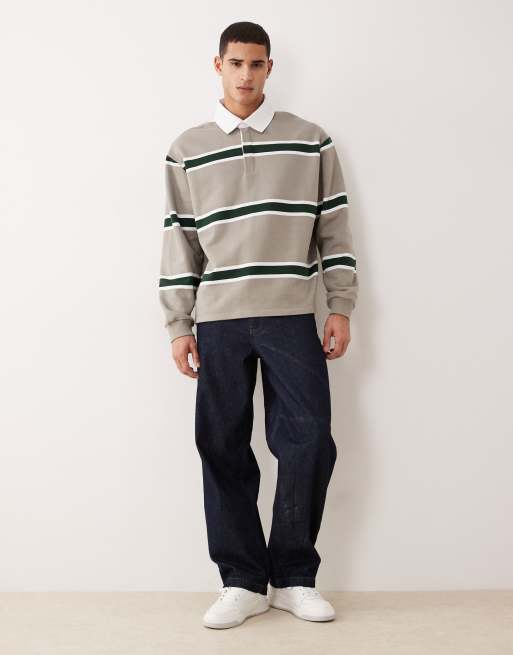 ASOS DESIGN - Beige og afslappet polo-sweatshirt med striber og vævet logomærke, 2 af 5