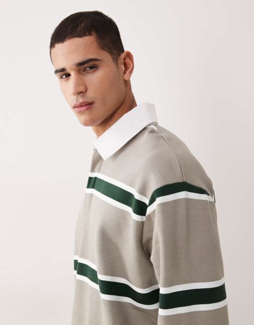 ASOS DESIGN - Beige og afslappet polo-sweatshirt med striber og vævet logomærke, 4 af 5