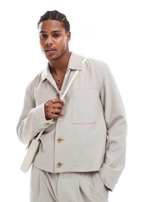 ASOS DESIGN - Beige og elegant skjortejakke med ribber og tekstur - Del af sæt