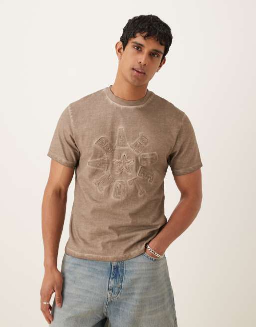 ASOS DESIGN - Beige og forvasket T-shirt i kraftigt 220 gsm-materiale med firkantet pasform og bytekst-applikation