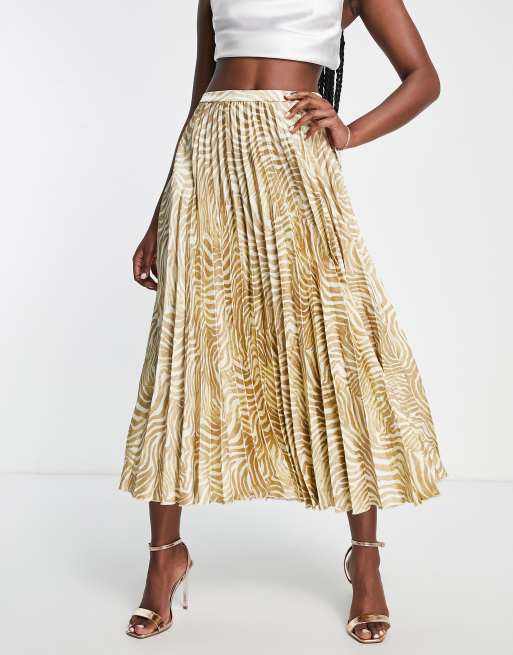 ASOS DESIGN - Beige og hvid plisseret midinederdel i satin med zebraprint