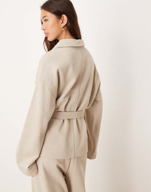 ASOS DESIGN - Beige og langærmet jakke med knapper og bindebånd fortil i twill - Del af sæt, 4 af 4