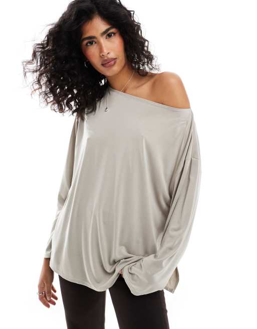 ASOS DESIGN - Beige og langærmet offshoulder-t-shirt med afslappet pasform i modal