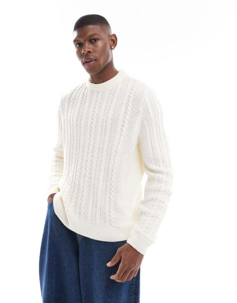 ASOS DESIGN - Beige og løstsiddende trøje med rund hals og afslappet pasform i kabelstrik - view 1