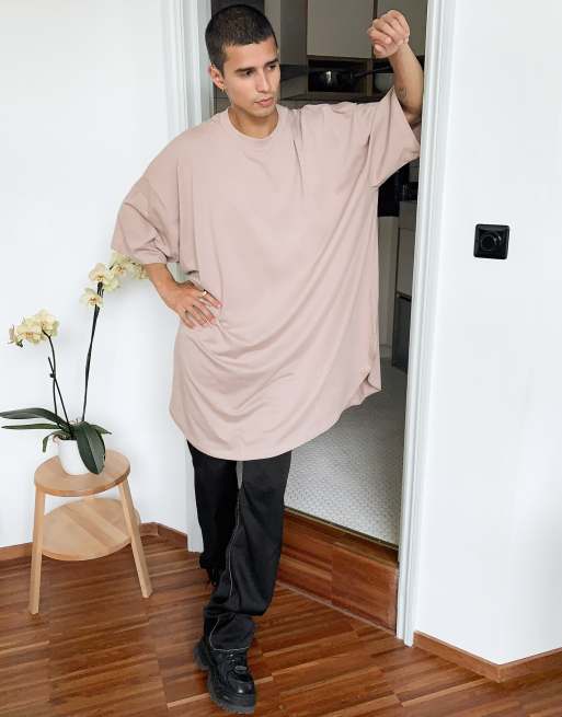 ASOS DESIGN — Beige oversized ekstra lang T-shirt med bølget kant