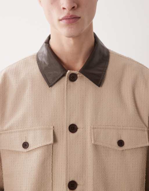 ASOS DESIGN - Beige oversized Harrington-jakke i bomuld med tekstur og krave i imiteret læder, 5 af 5