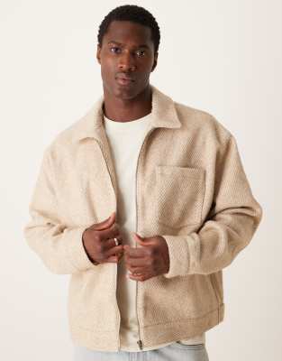 ASOS DESIGN - Beige oversized Harrington-jakke med sildebensmønster i uldlook - view 1