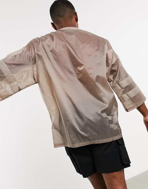 ASOS DESIGN - Beige oversized longline T-shirt med vide 3/4-ærmer i vævet stof, 2 af 4