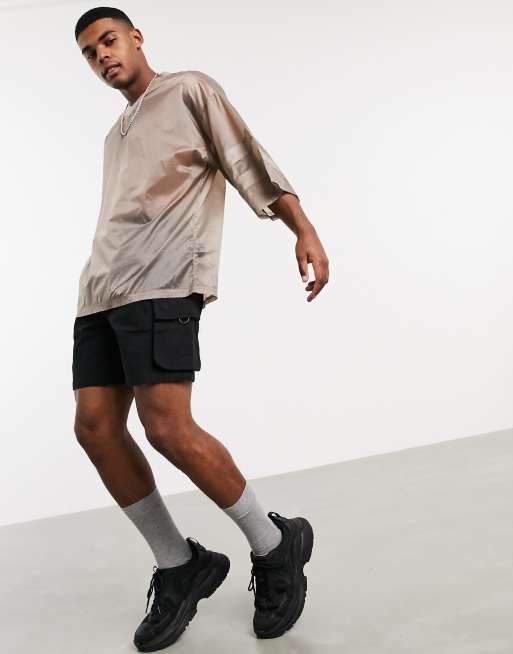 ASOS DESIGN - Beige oversized longline T-shirt med vide 3/4-ærmer i vævet stof, 4 af 4