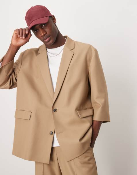 ASOS DESIGN - Beige oversized løstsiddende habitjakke med halvlange ærmer i nistret hørblanding - view 1