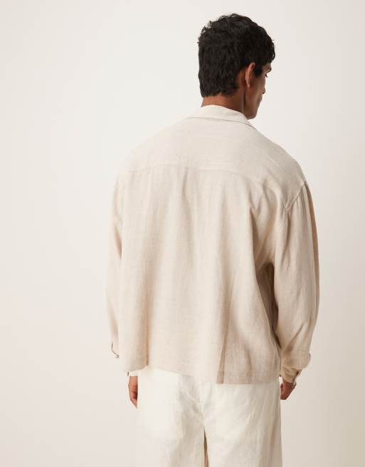 ASOS DESIGN - Beige oversized overhead-skjorte med tekstur i hørblanding i firkantet pasform, 4 af 4
