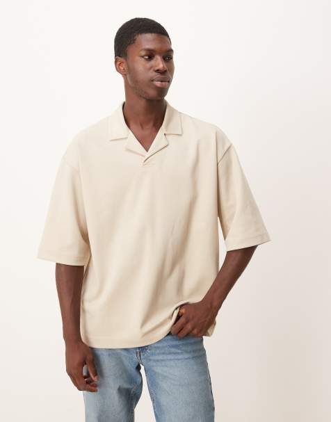 ASOS DESIGN - Beige oversized poloskjorte med halvlange ærmer og reverskrave i blødt kraftigt stof - view 1