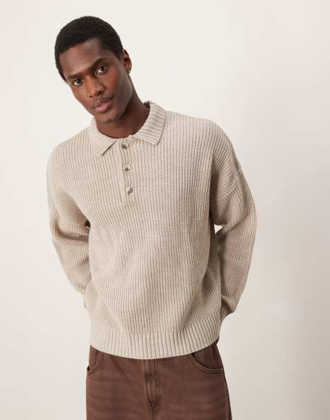 ASOS DESIGN - Beige oversized polotrøje i patentstrik i firkantet pasform - view 1