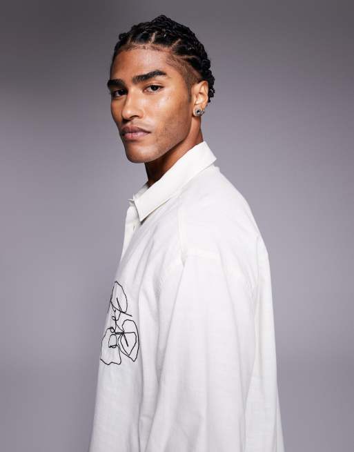 ASOS DESIGN - Beige oversized skjorte med broderi på brystet i firkantet pasform, 4 af 5