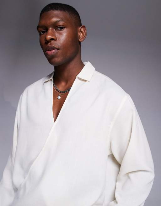 ASOS DESIGN - Beige oversized skjorte med draperet krydsende detalje i firkantet pasform, 3 af 4