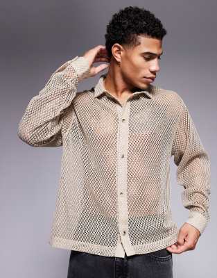 ASOS DESIGN - Beige oversized skjorte med firkantet pasform i mesh - view 1