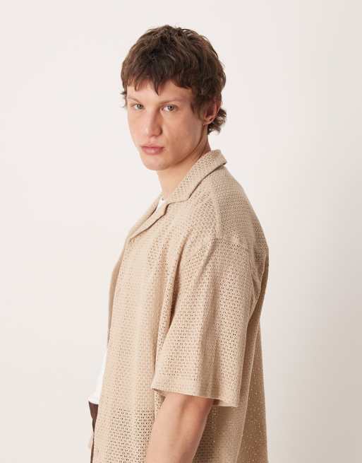 ASOS DESIGN - Beige oversized skjorte med reverskrave og tekstur i firkantet pasform, 4 af 5