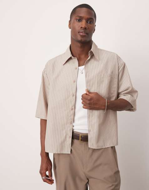 ASOS DESIGN - Beige oversized skjorte med striber i 90'er-stil i firkantet pasform - view 1