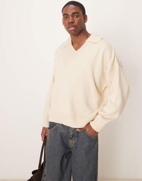 ASOS DESIGN - Beige oversized striktrøje med firkantet pasform og hakudskæring i halsen - view 1