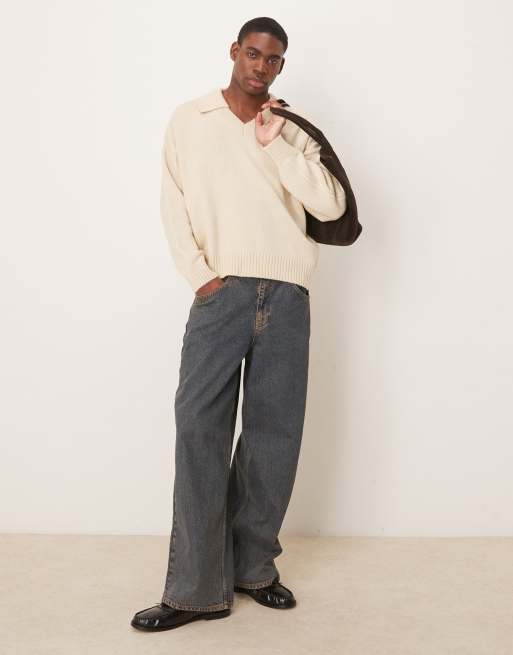 ASOS DESIGN - Beige oversized striktrøje med firkantet pasform og hakudskæring i halsen, 3 af 4