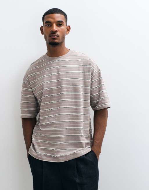 ASOS DESIGN - Beige oversized T-shirt i kraftigt stof med teksturerede striber, 2 af 5
