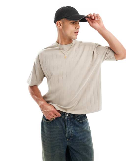 ASOS DESIGN - Beige oversized T-shirt med ribstrikket tekstur i firkantet pasform 