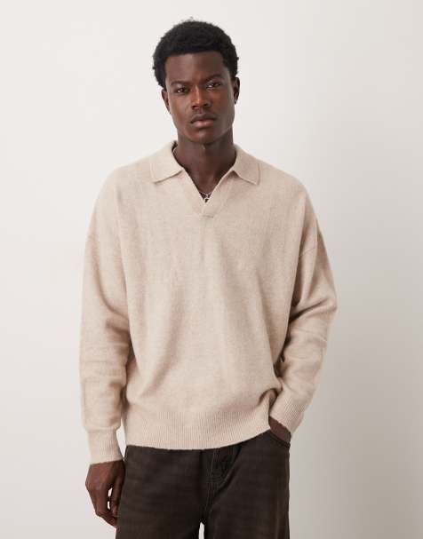 ASOS DESIGN - Beige oversized trøje med hakudskæring i halsen i børstet strik - view 1