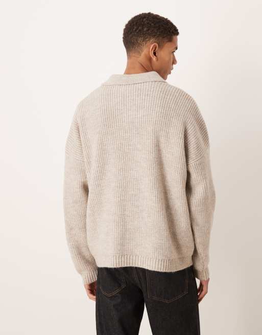 ASOS DESIGN - Beige patentstrikket super-oversized trøje med hakrevers i firkantet pasform, 3 af 5