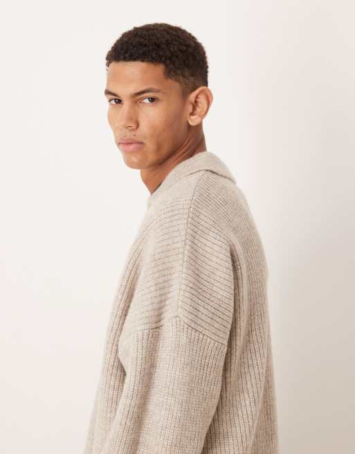 ASOS DESIGN - Beige patentstrikket super-oversized trøje med hakrevers i firkantet pasform, 4 af 5