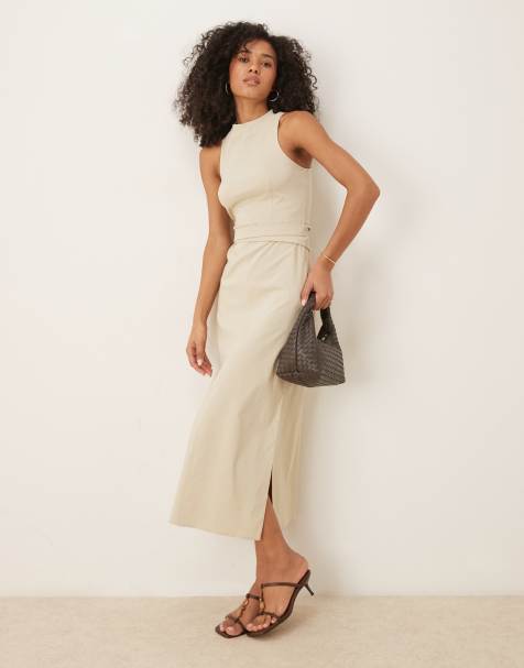 ASOS DESIGN - Beige pencil-midikjole med slå-om-bælte med knapper i bengalin - view 1
