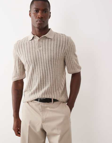 ASOS DESIGN - Beige polo med knapper og sømdetaljer i strikket pointelle - view 1