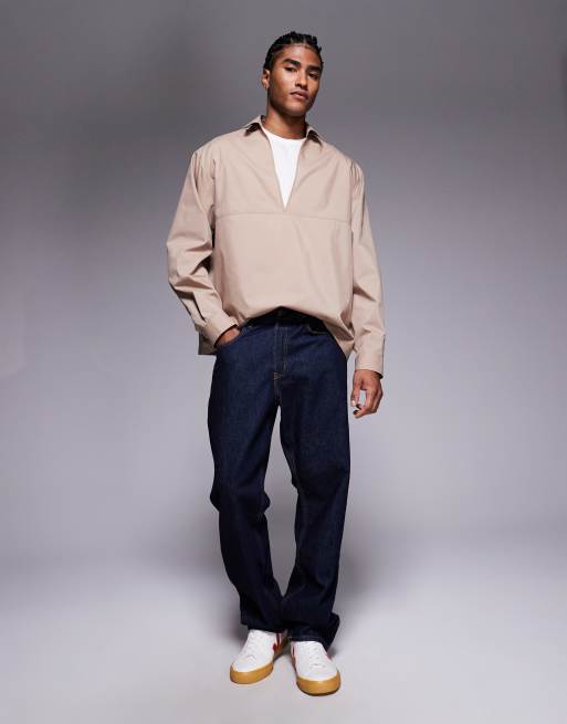 ASOS DESIGN – Beige poplinskjorta i oversize och dra på-stil, 2 av 5